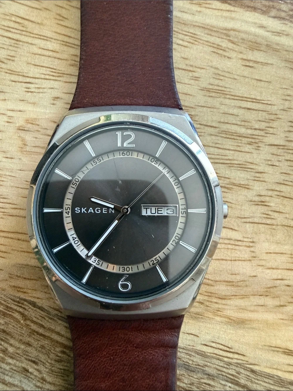 Skagen Men's Brown Leather Strap Stainless Silver Case Quartz Watch